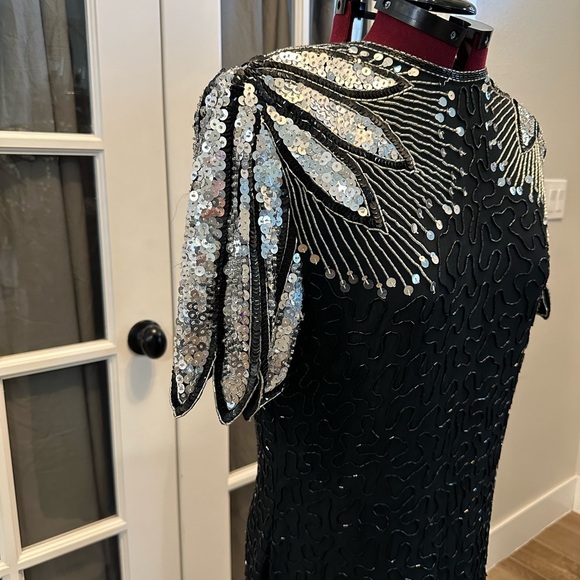 Vintage Laurence Kazar Black Silk Beaded Sheath Dress With Sequined Shoulders - Picture 3 of 15